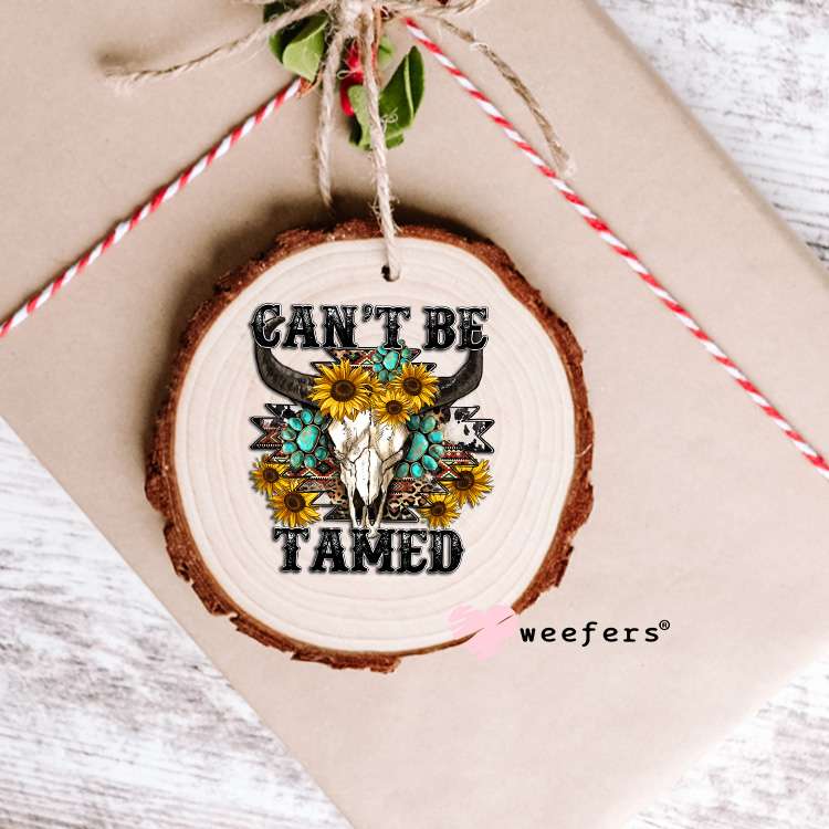 Can't Be Tamed Cow Skull Teal Flowers UV DTF Decal Ornament Weefers