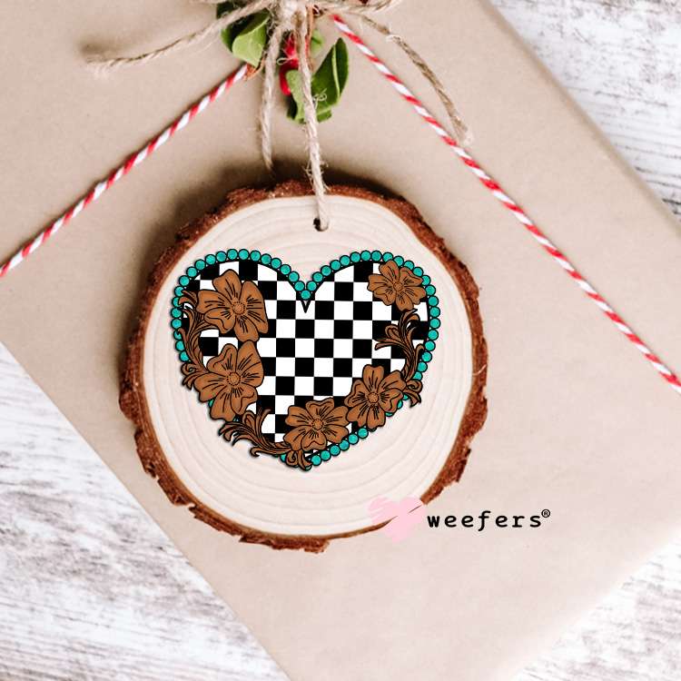 Black Brown and Turquoise Checkered Heart UV DTF Decal Ornament Weefers