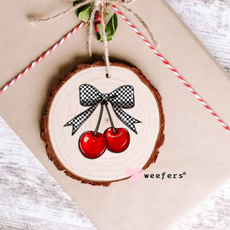 Red Cherries Black Checkered Bow UV DTF Decal Ornament Weefers
