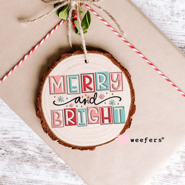 Merry and Bright Pink and Red Christmas UV DTF Decal Ornament Weefers