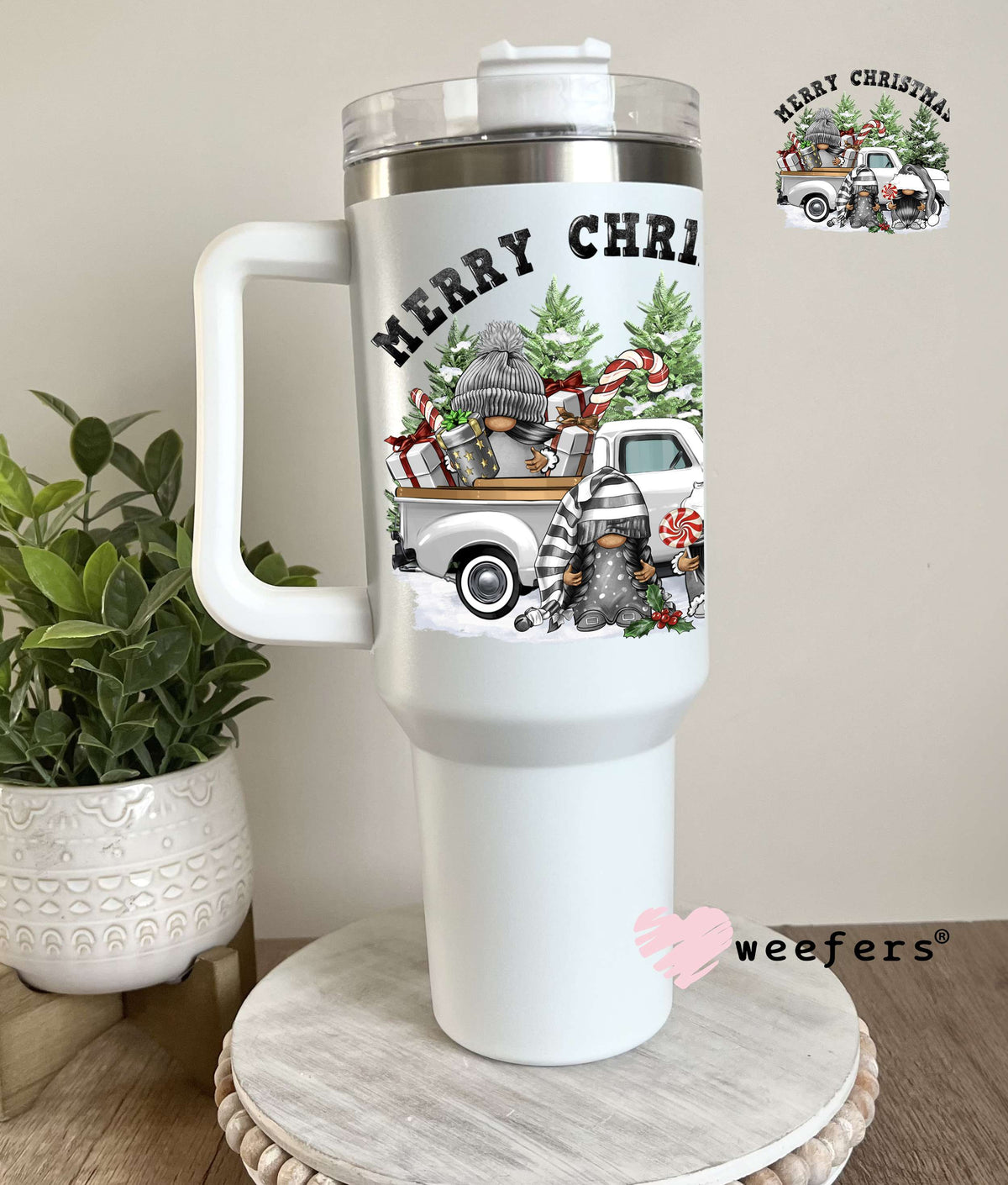 Merry Christmas Gnomes and Vintage Truck UV DTF Decal 40oz Tumbler Decal Weefers