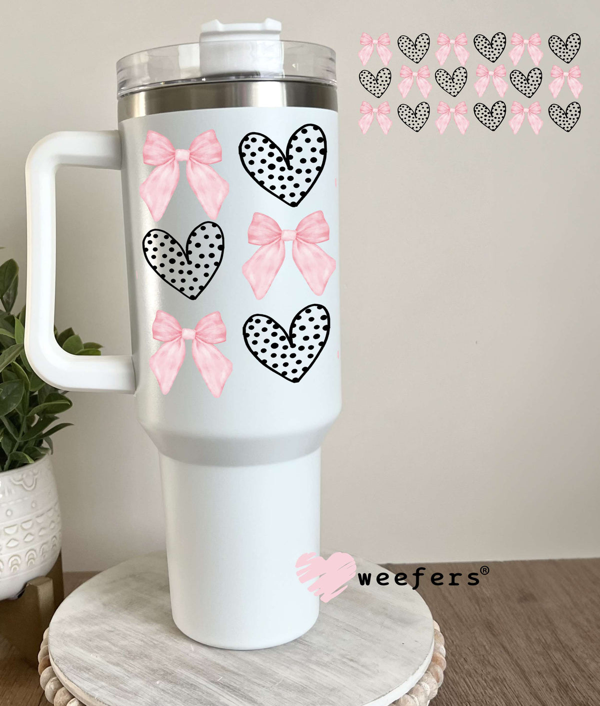 Black Dotted Hearts Pink Coquette Bows UV DTF Cup Wrap 40oz Tumbler Cup Wrap Weefers
