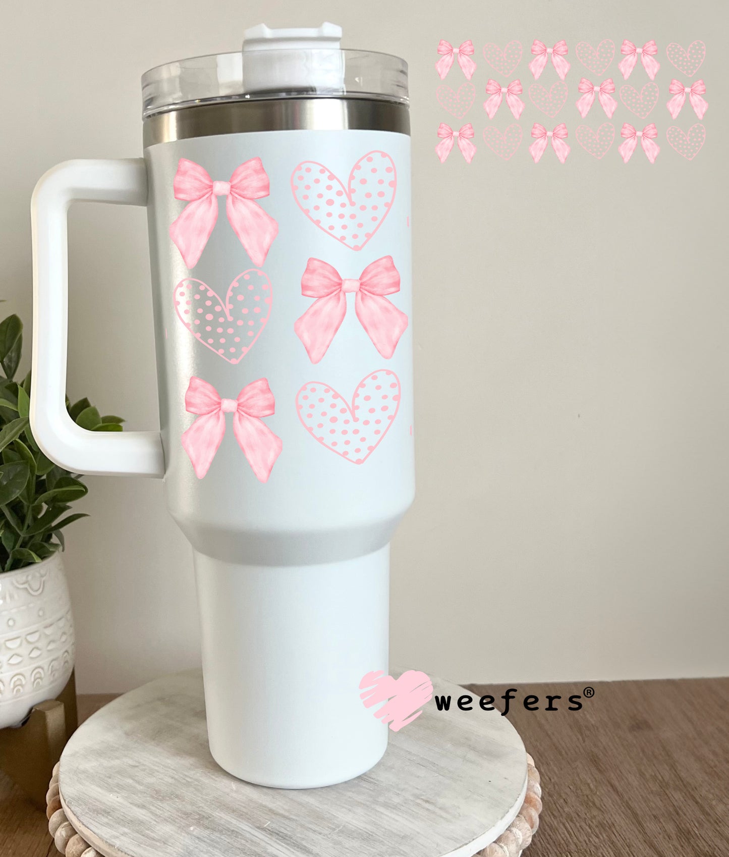Pink Dotted Hearts Pink Coquette Bows UV DTF Cup Wrap 40oz Tumbler Cup Wrap Weefers