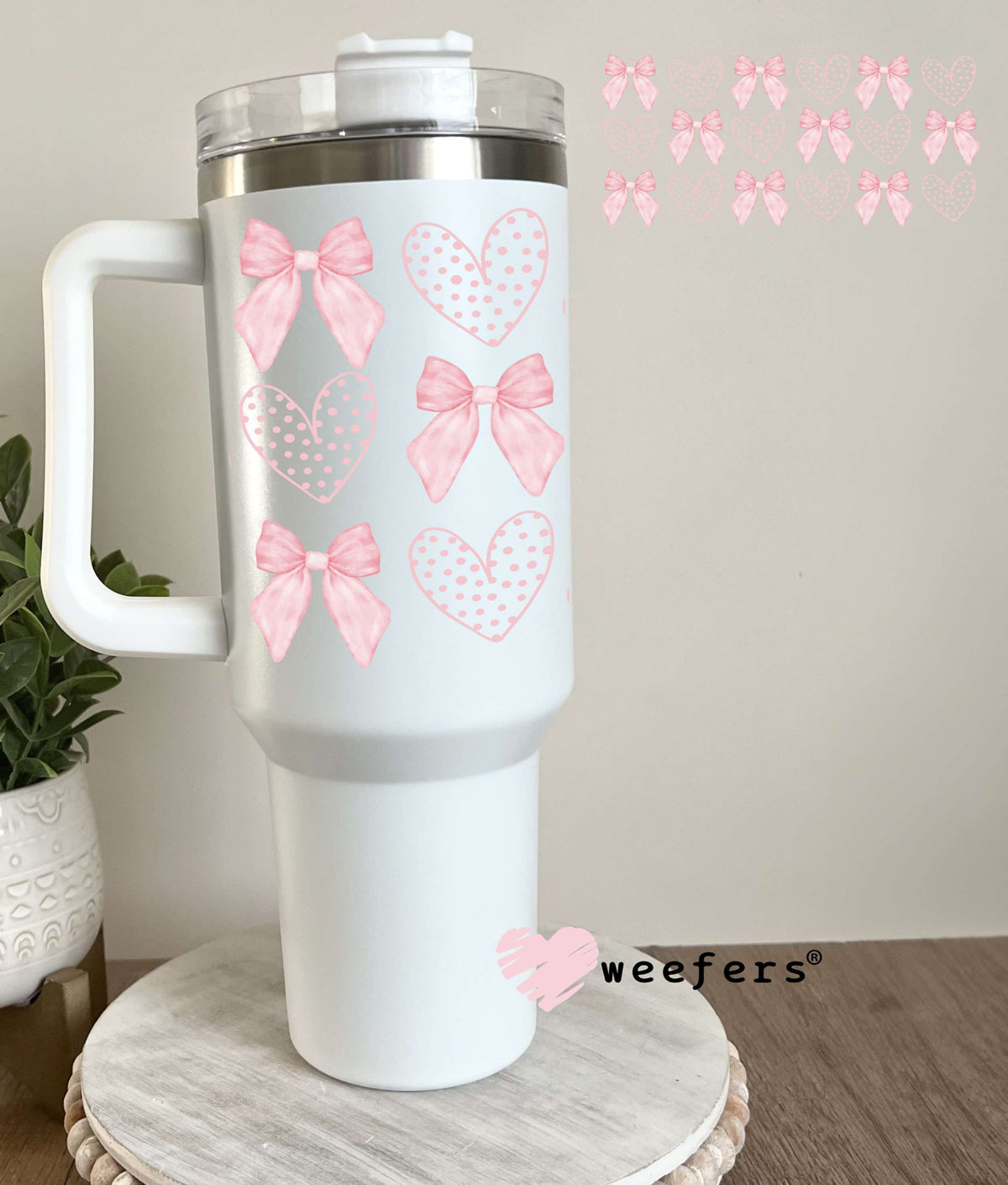 Pink Dotted Hearts Pink Coquette Bows UV DTF Cup Wrap 40oz Tumbler Cup Wrap Weefers