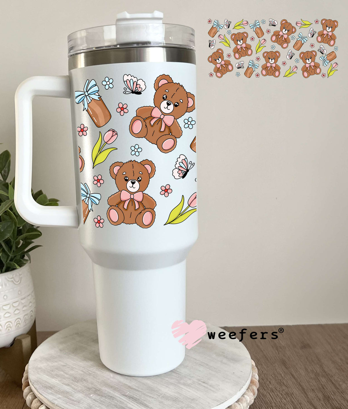 Teddy Bear Butterflies and Flowers UV DTF Cup Wrap 40oz Tumbler Cup Wrap Weefers