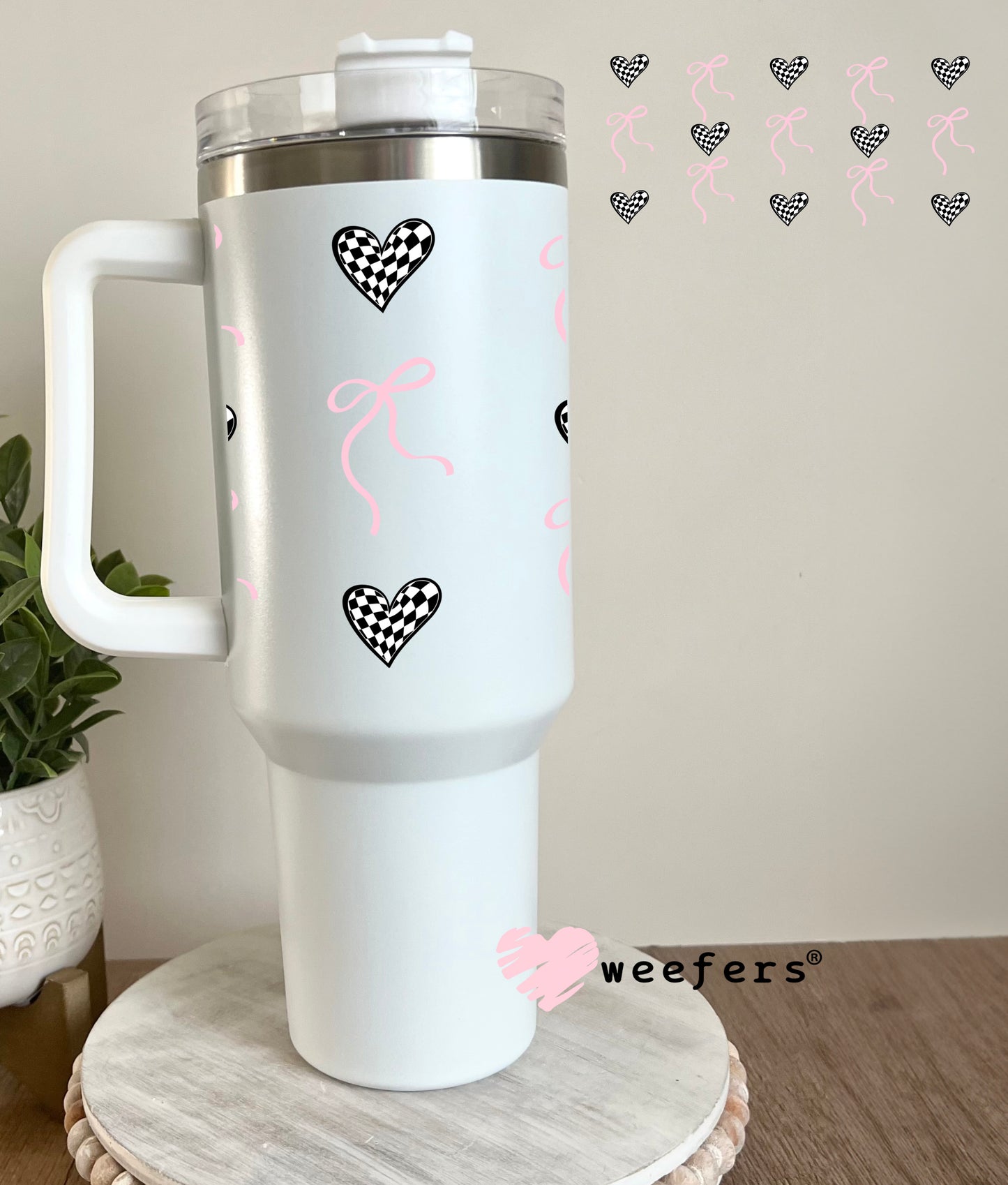 Coquette Pink Bows and Black Checkered Hearts UV DTF Cup Wrap 40oz Tumbler Cup Wrap Weefers