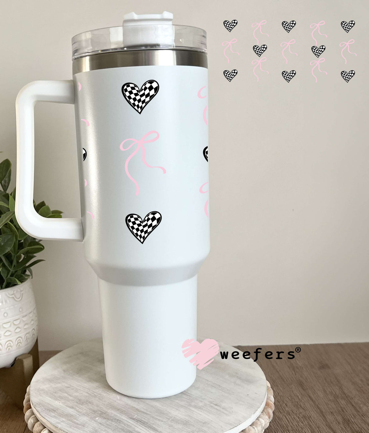Coquette Pink Bows and Black Checkered Hearts UV DTF Cup Wrap 40oz Tumbler Cup Wrap Weefers