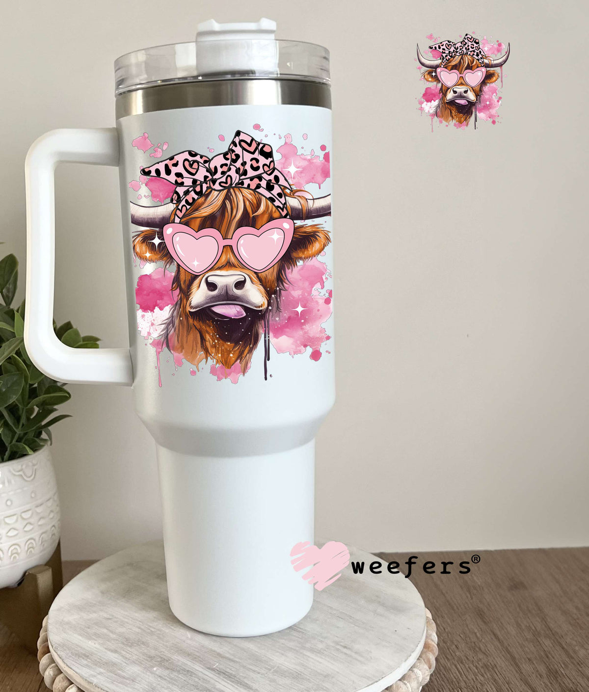 Bougie Pink Highlander Cow UV DTF Decal 40oz Tumbler Decal Weefers