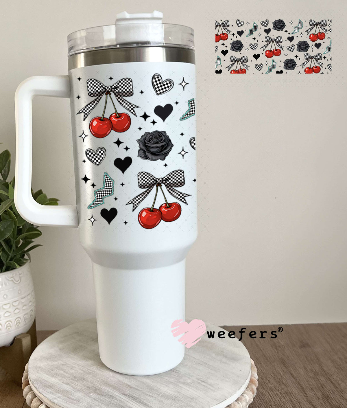 Checkered Cherries Black Roses UV DTF Cup Wrap - WEEFERS EXCLUSIVE WRAP 40oz Tumbler Cup Wrap Weefers