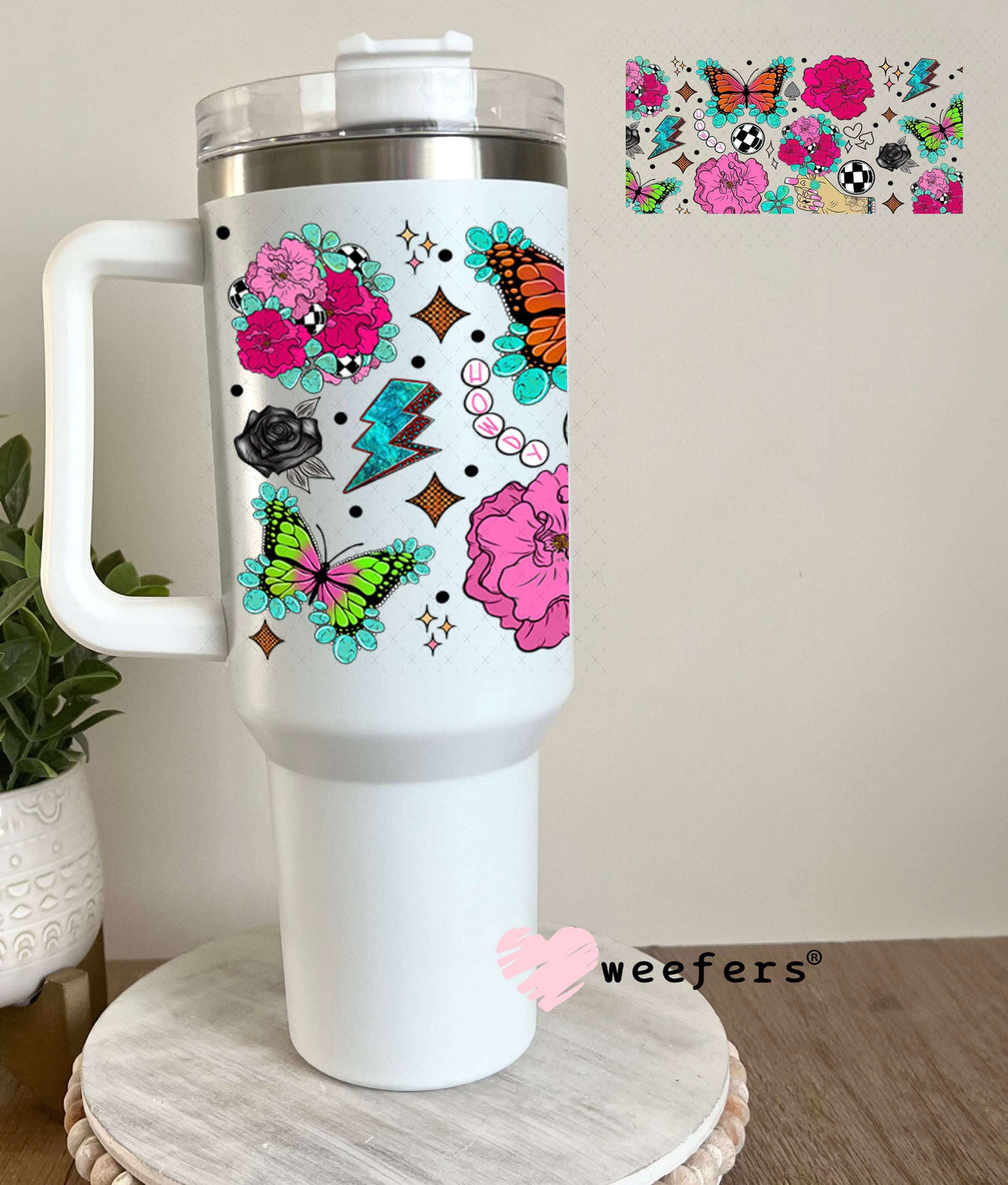 Howdy Pink Flowers Butterflies UV DTF Cup Wrap - WEEFERS EXCLUSIVE WRAP 40oz Tumbler Wrap Weefers
