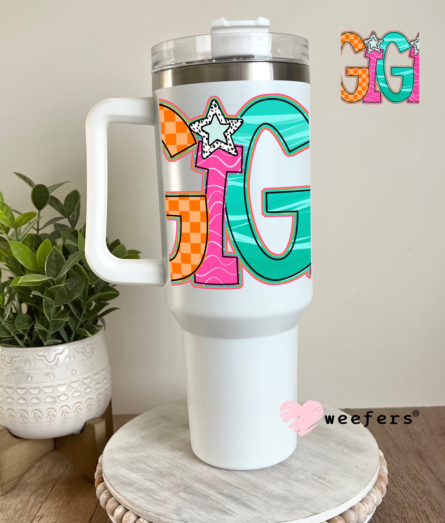 Gigi Orange Pink Teal UV DTF Decal 40oz Tumbler Decal Weefers