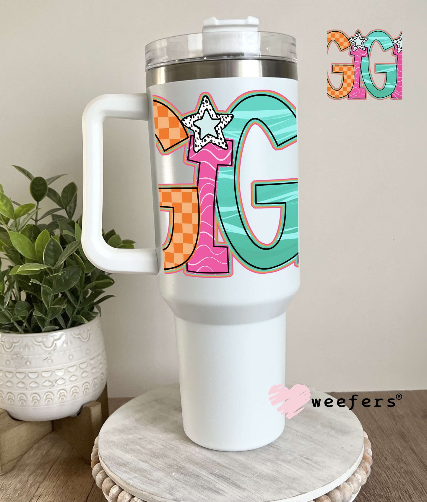 Gigi Orange Pink Teal UV DTF Decal 40oz Tumbler Decal Weefers