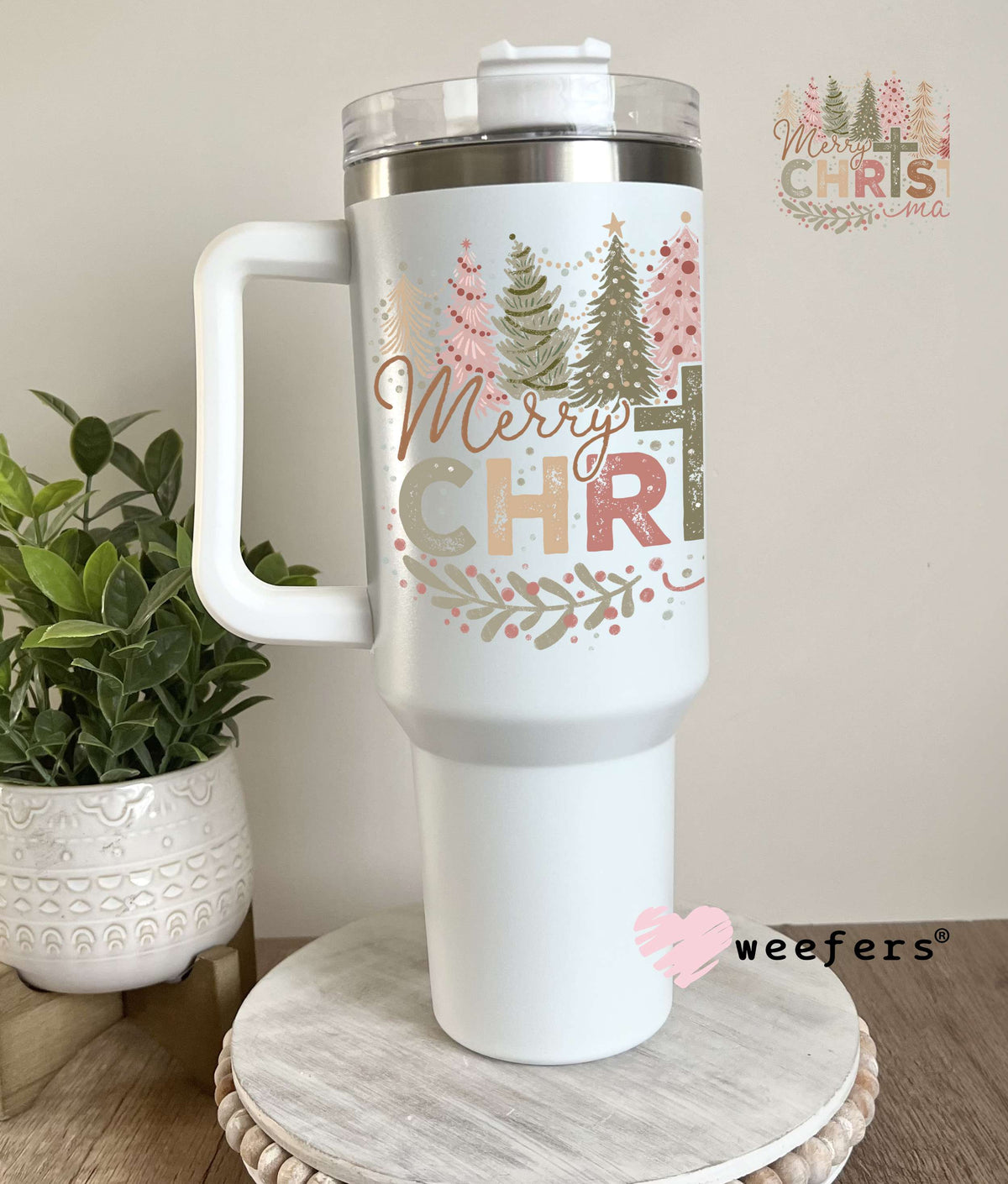 Merry Christmas Pastel Pinks Greens and Peach UV DTF Decal 40oz Tumbler Decal Weefers