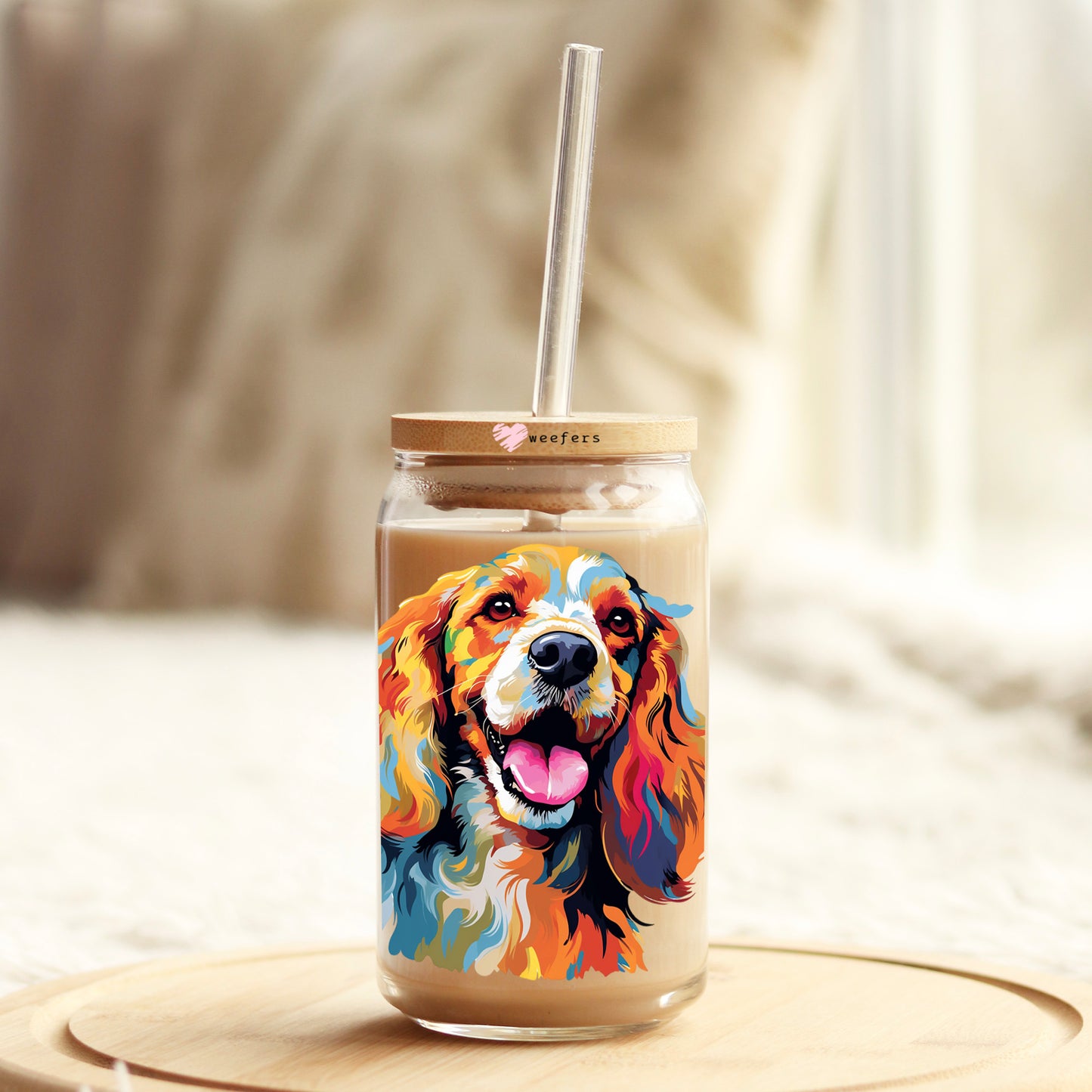Cocker Spaniel Colorful Watercolor 16oz Libbey Glass Can UV DTF or Sublimation Wrap - Decal Weefers