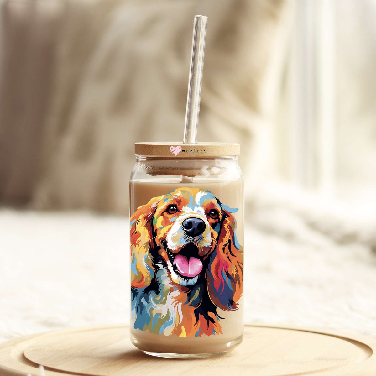 Cocker Spaniel Colorful Watercolor 16oz Libbey Glass Can UV DTF or Sublimation Wrap - Decal Weefers