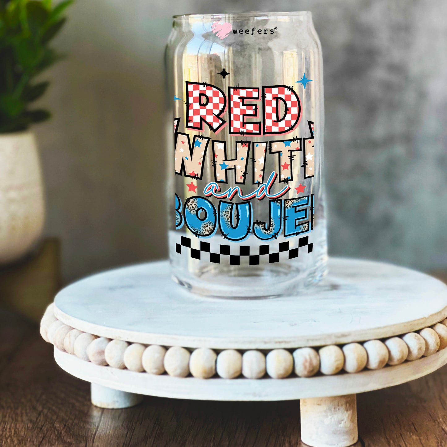 Red White and Boujee 4th of July 16oz Libbey Glass Can UV DTF or Sublimation Wrap Decal Transfer Weefers