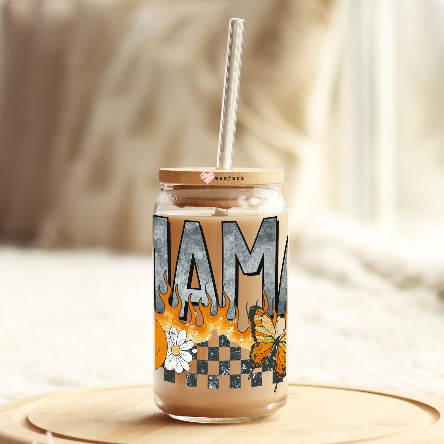 Mama Checkered Flames 16oz Libbey Glass Can UV DTF or Sublimation Decal - Transfer Weefers