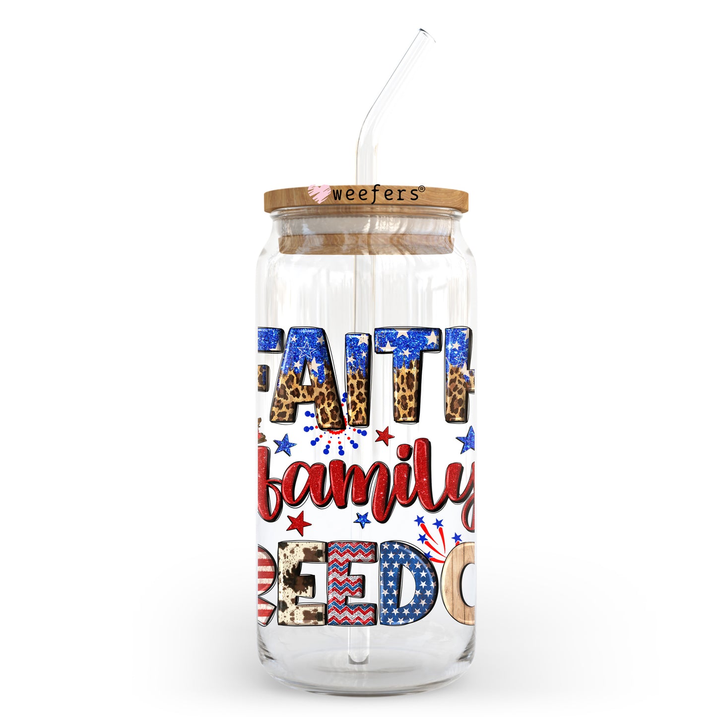 Faith Family Freedom 20oz Libbey Glass Can UV DTF or Sublimation Wrap - Decal Transfer Weefers