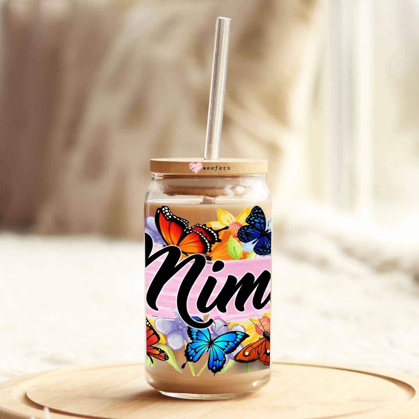 Mimi Colorful Butterflies 16oz Libbey Glass Can UV DTF or Sublimation Wrap Decal Transfer Weefers