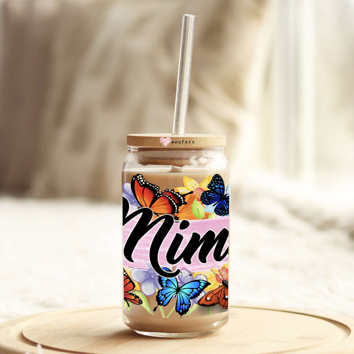 Mimi Colorful Butterflies 16oz Libbey Glass Can UV DTF or Sublimation Wrap Decal Transfer Weefers