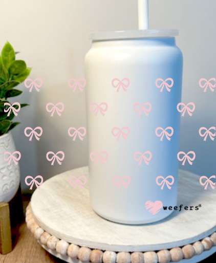 Small Pink Coquette Bows 16oz Libbey Glass Can UV DTF Full Decal Transfer Weefers
