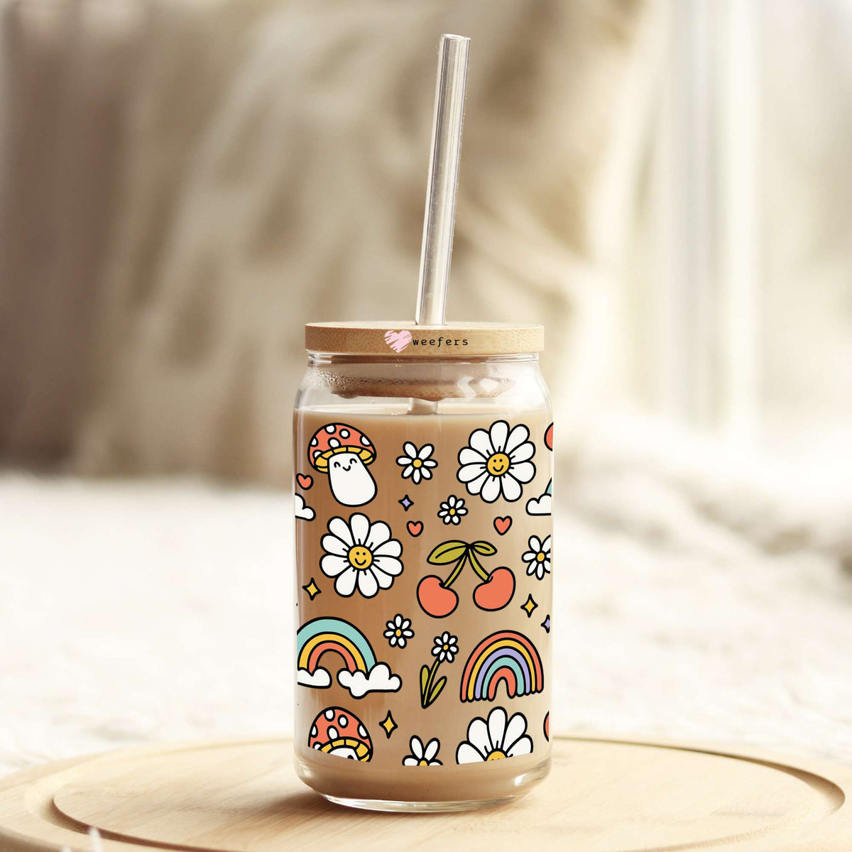 Retro Rainbow And Cherries 16oz Libbey Glass Can UV DTF or Sublimation Wrap - Decal Transfers Weefers
