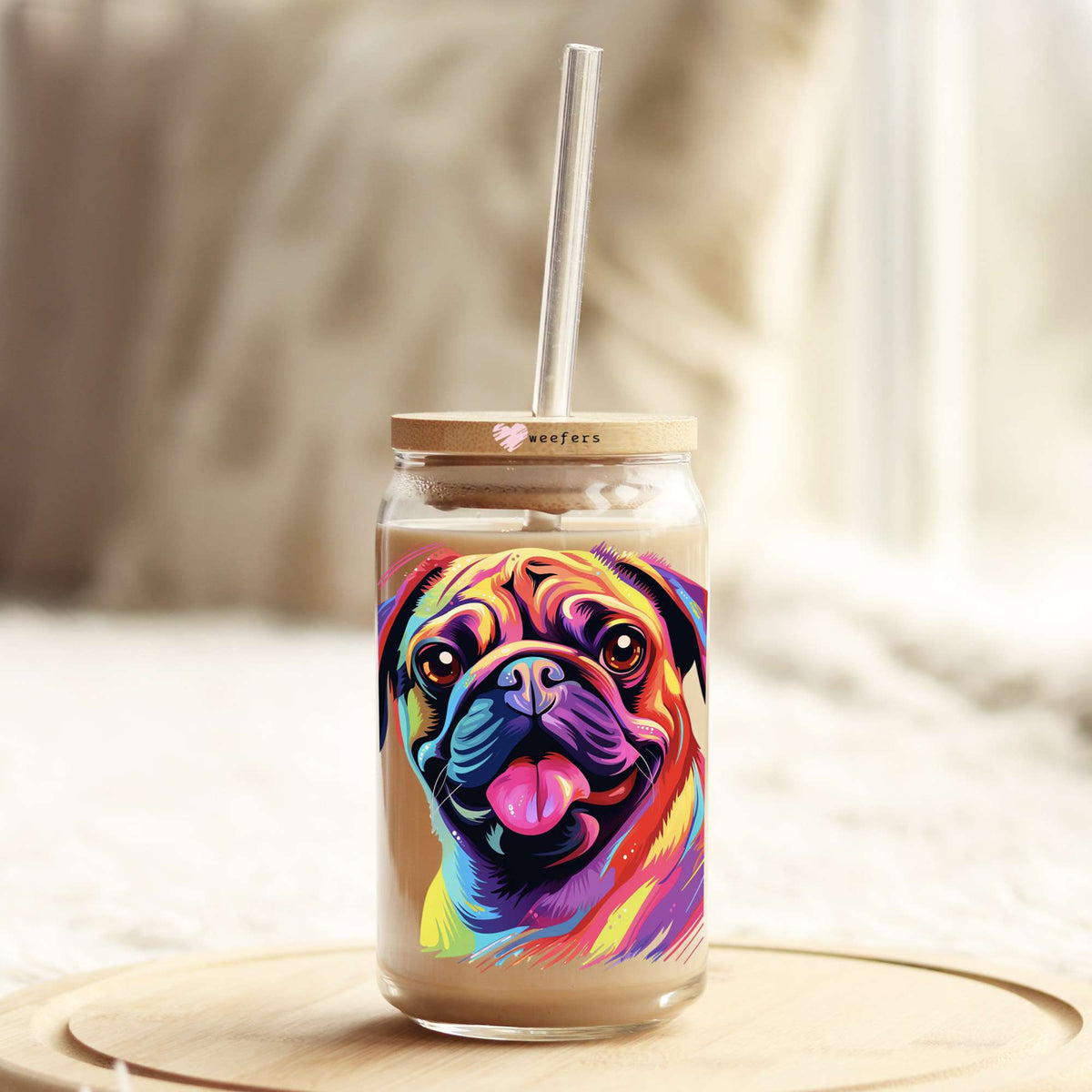 Pug Colorful Watercolor 16oz Libbey Glass Can UV DTF or Sublimation Wrap - Decal Weefers