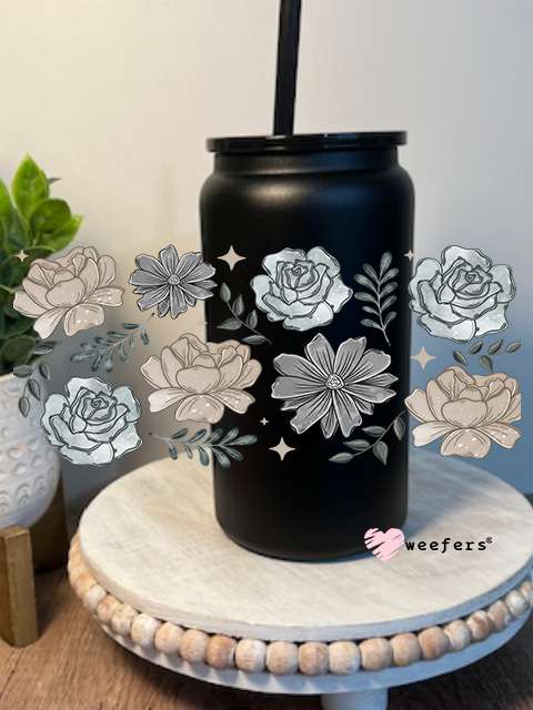 Greys and Beige Flowers 16oz Libbey Glass Can UV DTF Decal Transfer Weefers