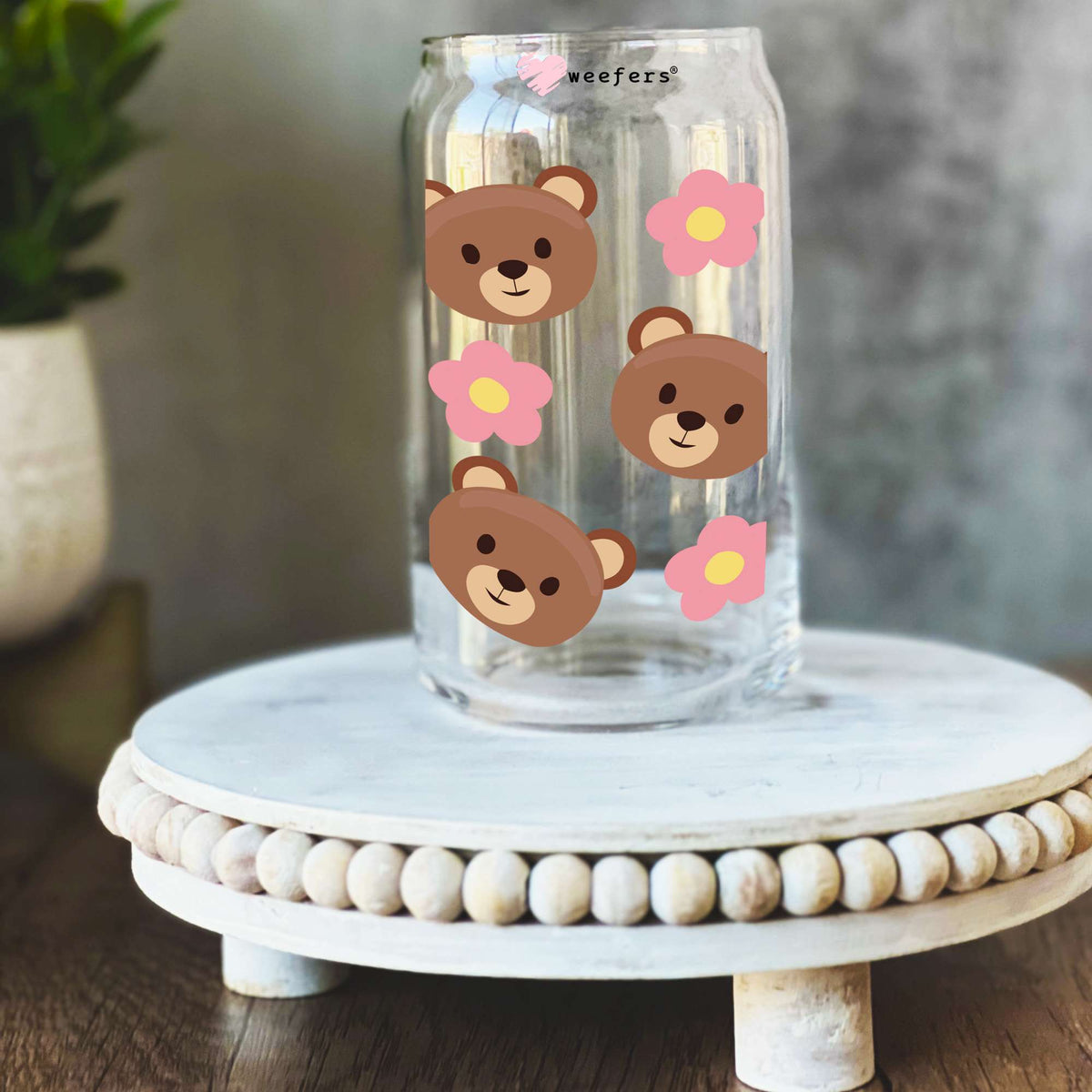 Bear Faces and Flowers 16oz Libbey Glass Can UV DTF or Sublimation Wrap Decal Transfer Weefers