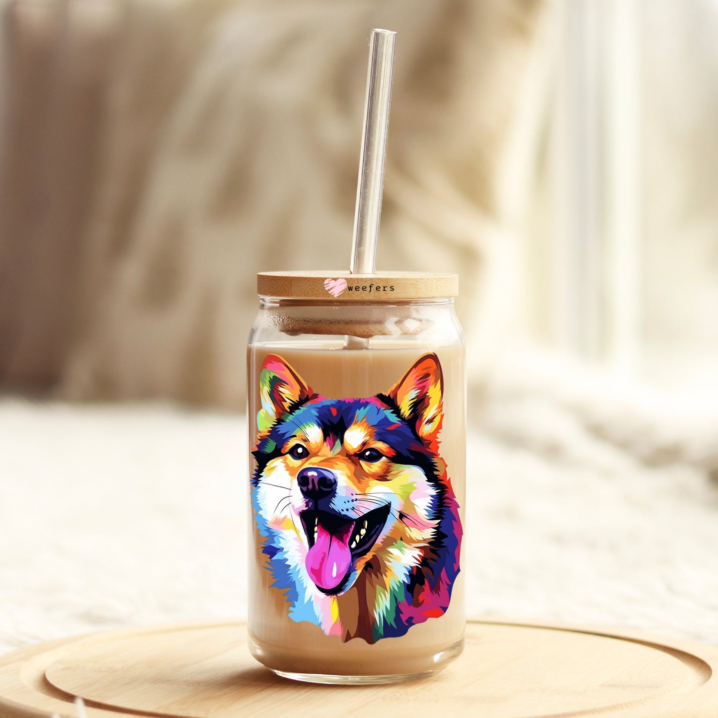 Shiba Inu Colorful Watercolor 16oz Libbey Glass Can UV DTF or Sublimation Wrap - Decal Weefers