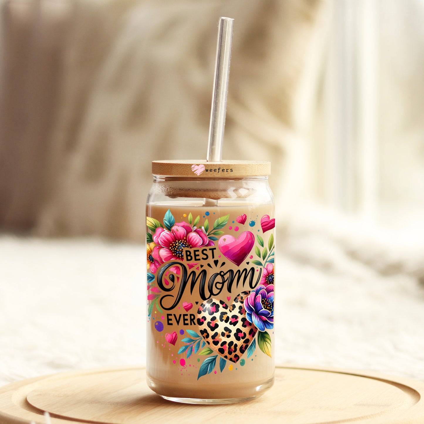 Best Mom Ever Cheetah Heart 16oz Libbey Glass Can UV DTF or Sublimation Wrap - Decal Transfers Weefers