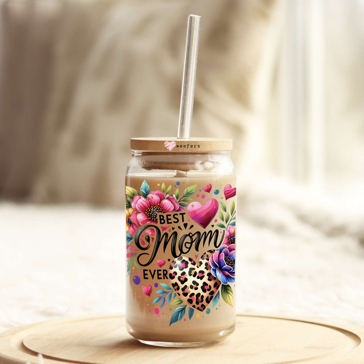 Best Mom Ever Cheetah Heart 16oz Libbey Glass Can UV DTF or Sublimation Wrap - Decal Transfers Weefers