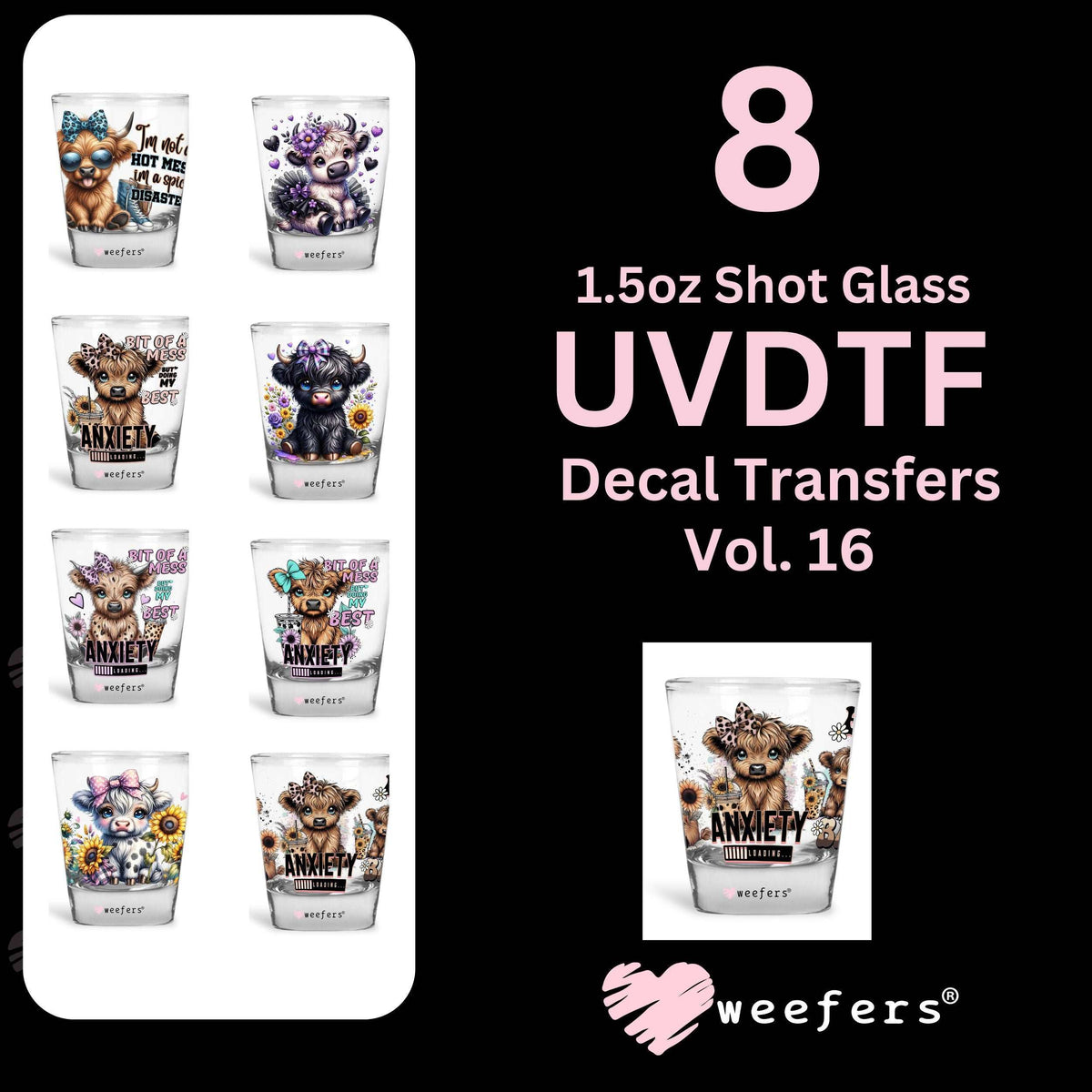 (8) Cute Highlander Cow 1.5oz Shot Glass UV DTF Wraps - Decals Bundle - Vol. 16 Weefers