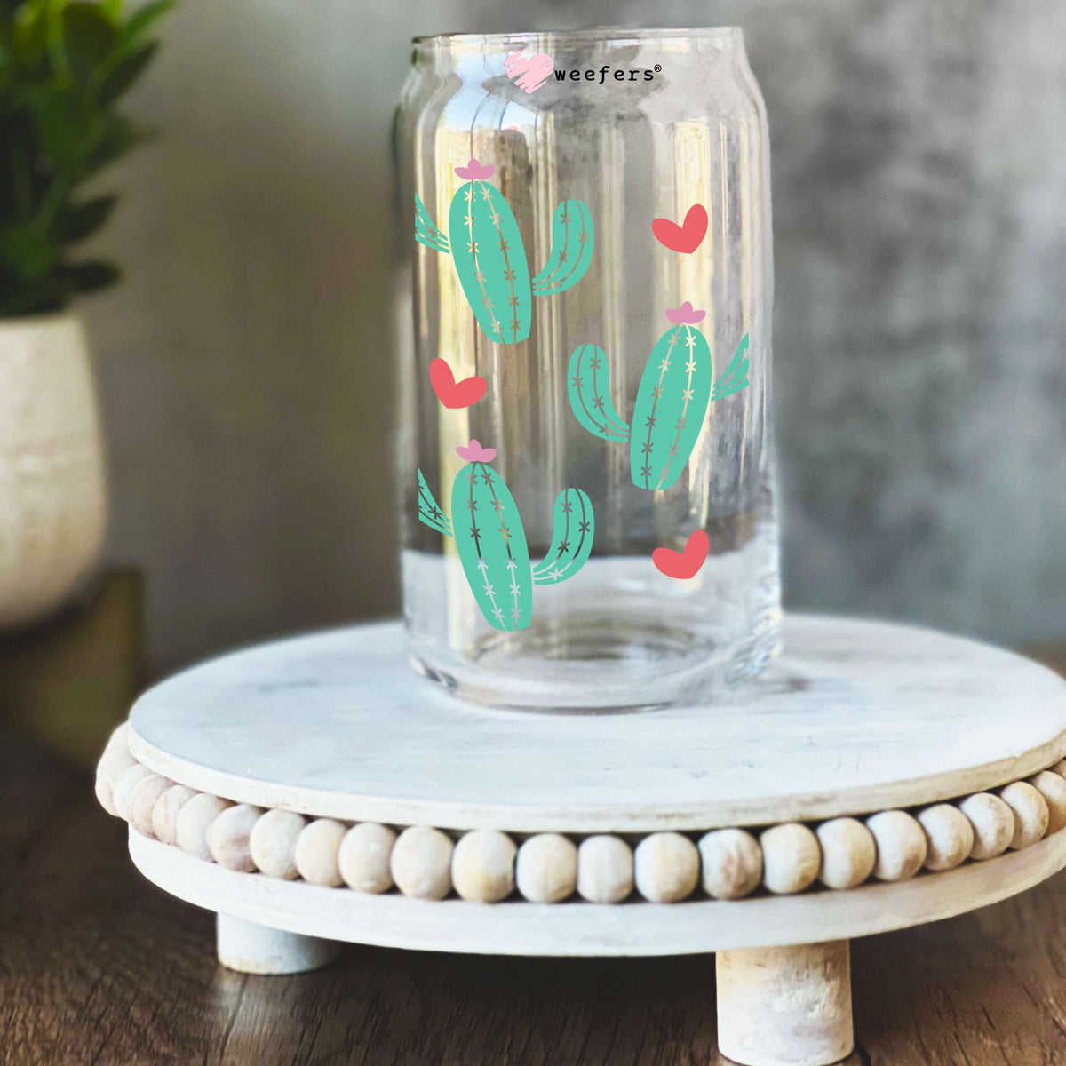 Cactus Hearts 16oz Libbey Glass Can UV DTF or Sublimation Wrap Decal Transfer Weefers