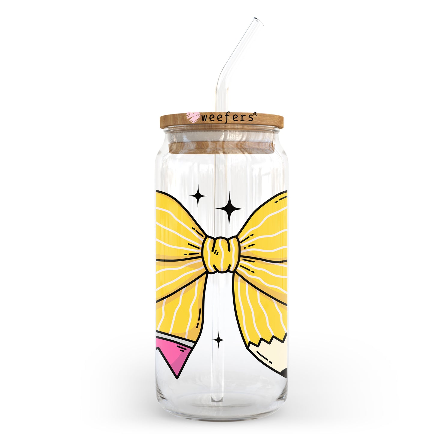 Yellow Pencil Bow 20oz Libbey Glass Can, 34oz Hip Sip, 40oz Tumbler, 24oz Cold Cup UV DTF or Sublimation Decal Transfer Weefers