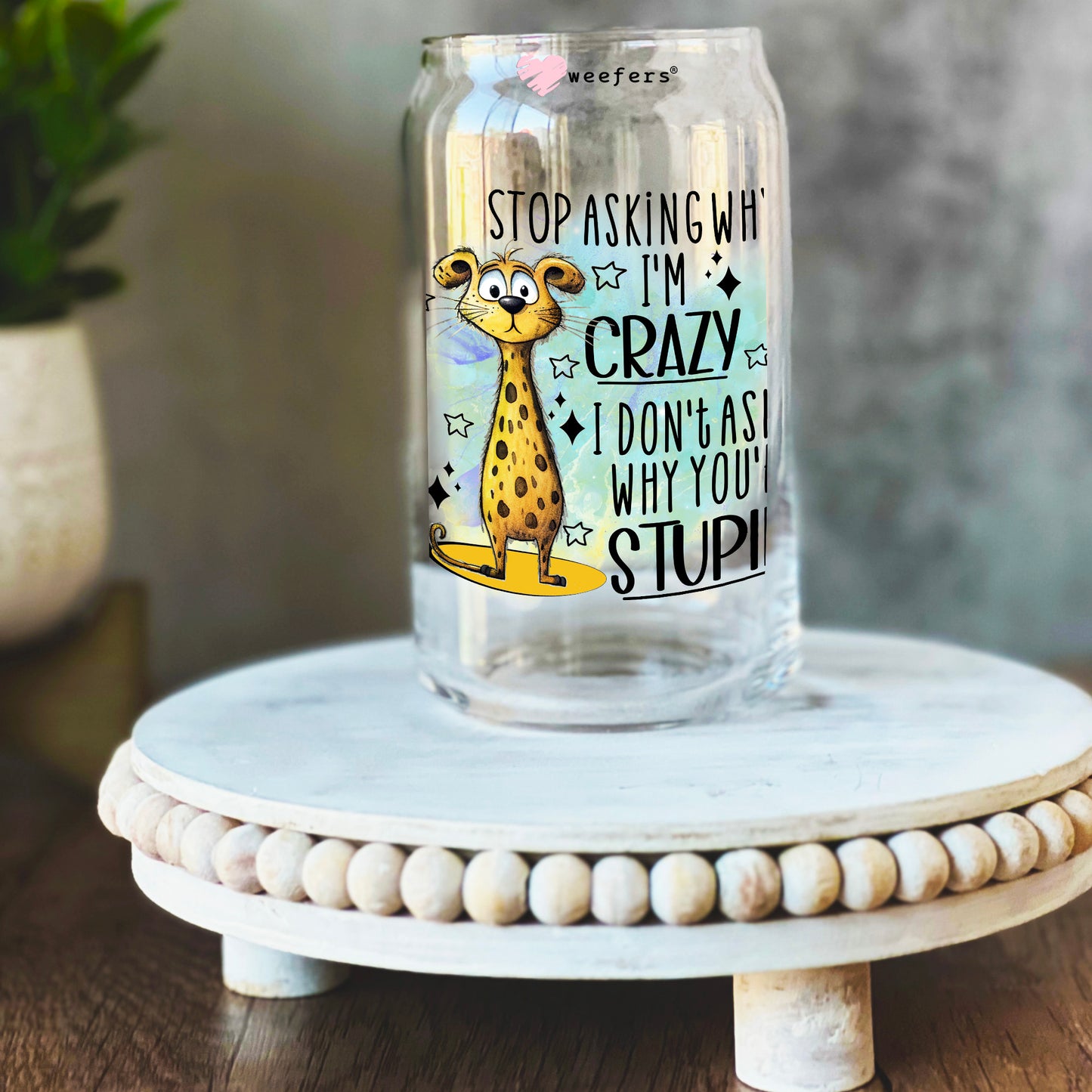 Stop Asking Why I'm Crazy I Don't Ask Why You're Stupid 16oz Libbey Glass Can UV DTF or Sublimation Wrap Decal Transfer Weefers