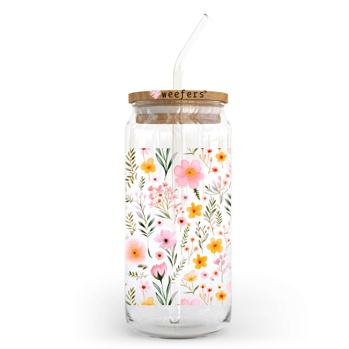 Dainty Pink Flowers 20oz Libbey Glass Can UV DTF or Sublimation Wrap - Decal Weefers