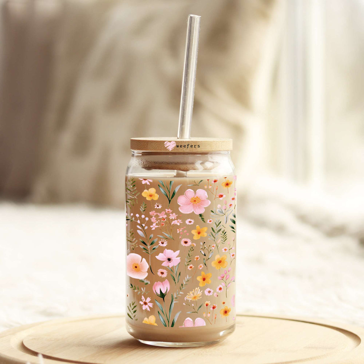 Pink Dainty Flowers 16oz Libbey Glass Can UV DTF or Sublimation Wrap - Transfer Weefers