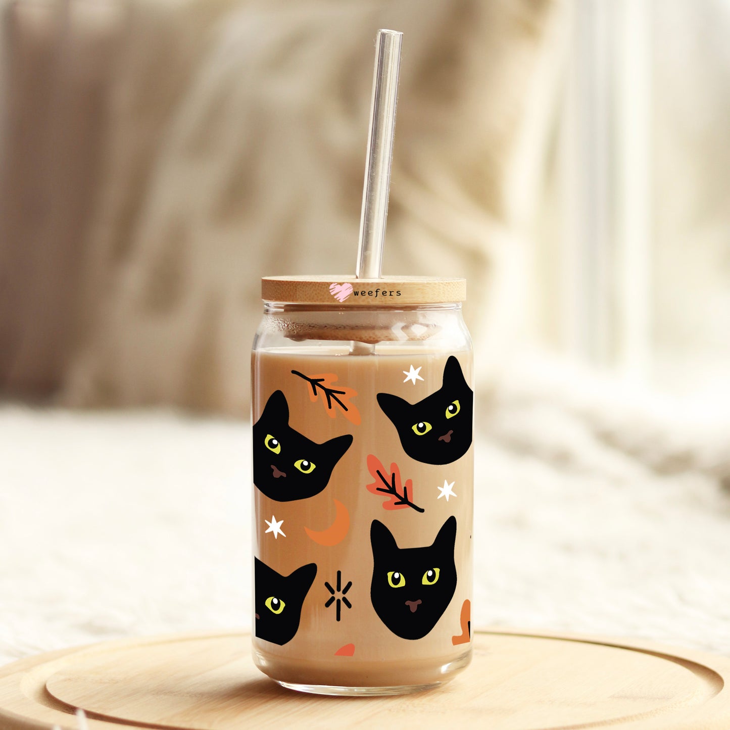 Black Cat Faces 16oz Libbey Glass Can UV DTF or Sublimation Wrap Decal Transfer Weefers