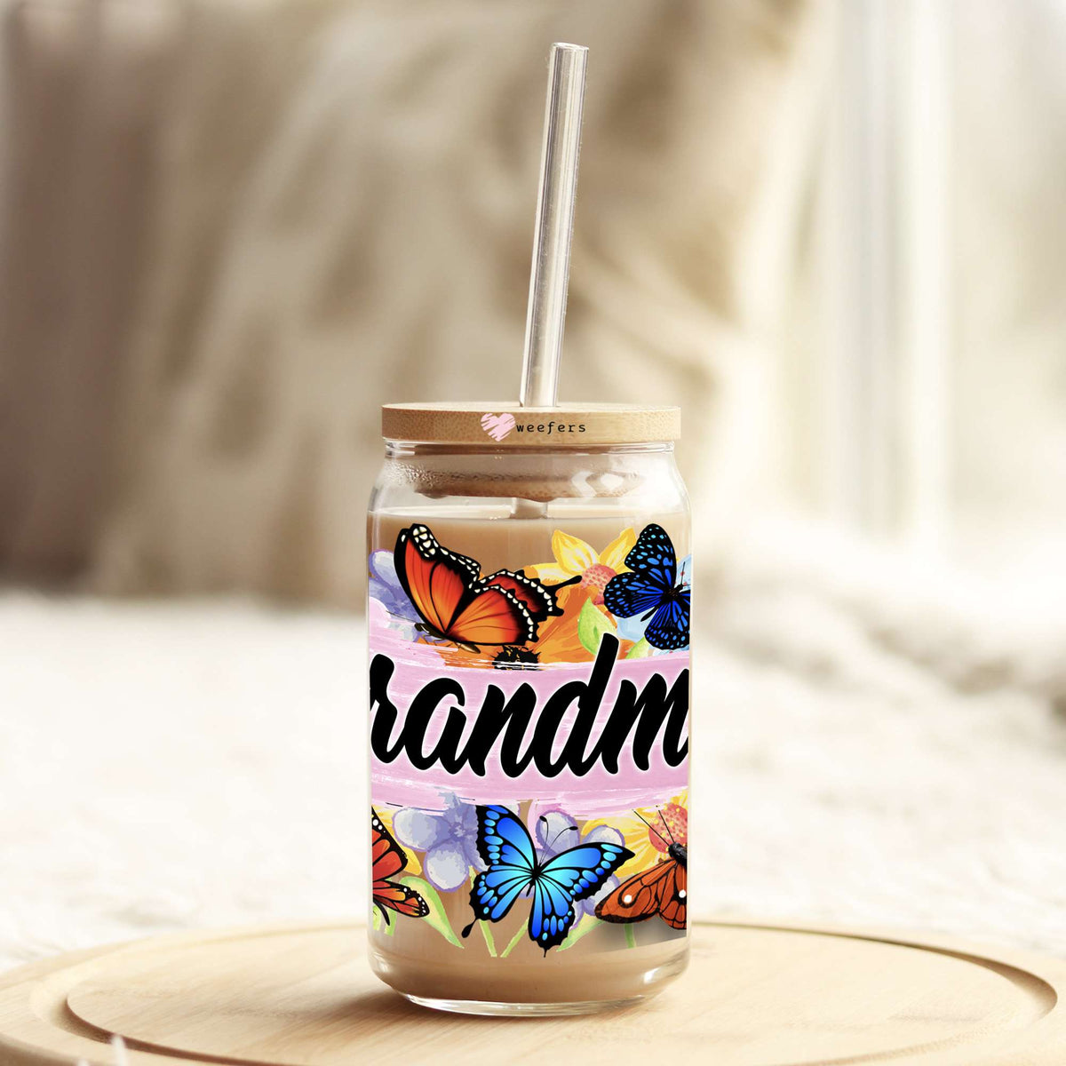 Grandma Colorful Butterflies 16oz Libbey Glass Can UV DTF or Sublimation Wrap Decal Transfer Weefers