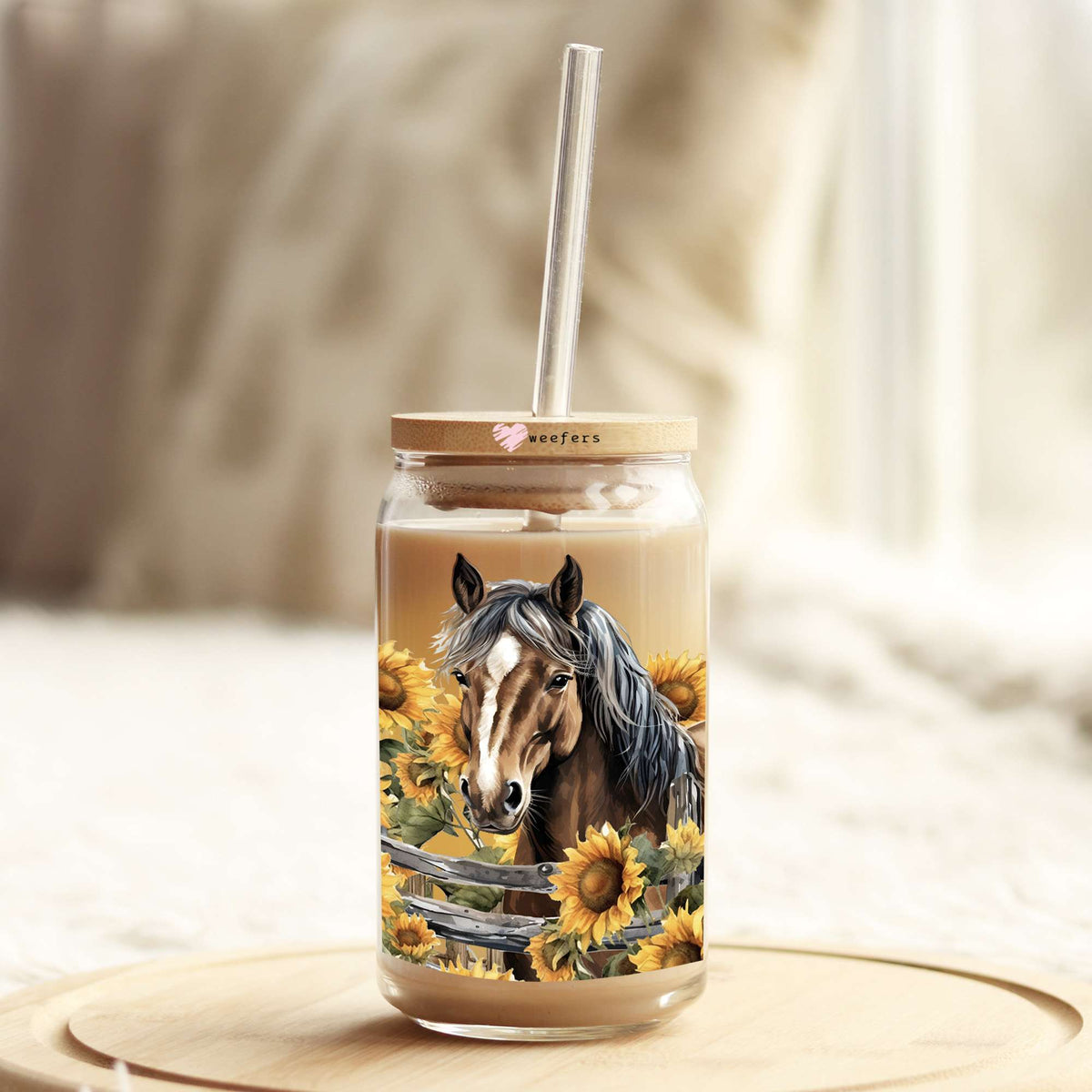 Horse Sunflowers 16oz Libbey Glass Can UV DTF or Sublimation Wrap - Transfer Weefers