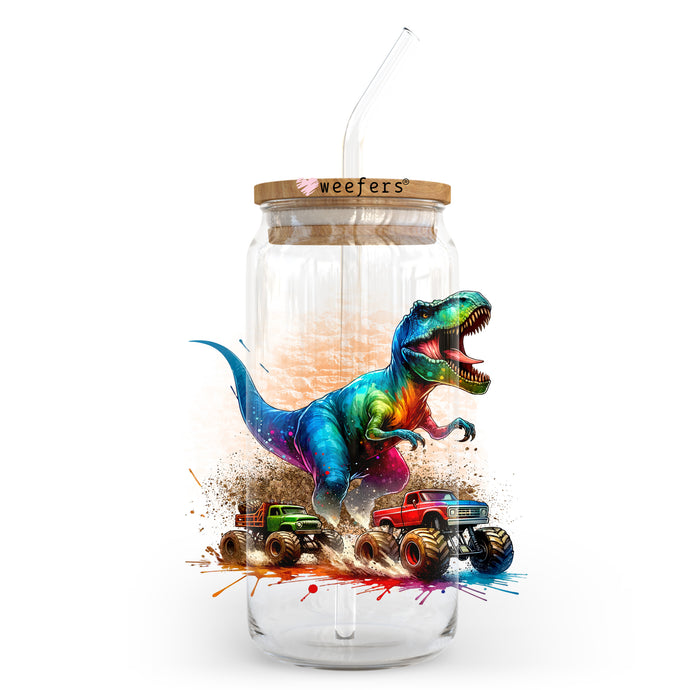 a glass jar with a painting of a dinosaur in it