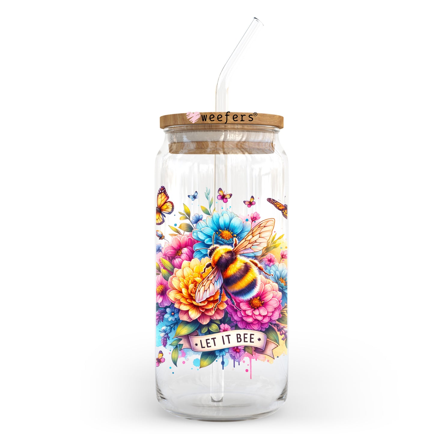 Colorful Let it Bee 20oz Libbey Glass Can UV DTF or Sublimation Wrap - Decal Transfer Weefers