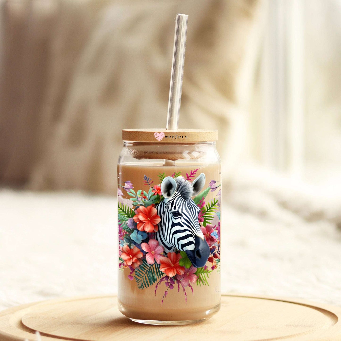 3D Zebra Floral 16oz Libbey Glass Can UV DTF or Sublimation Cup Wrap - Decal Transfer Weefers