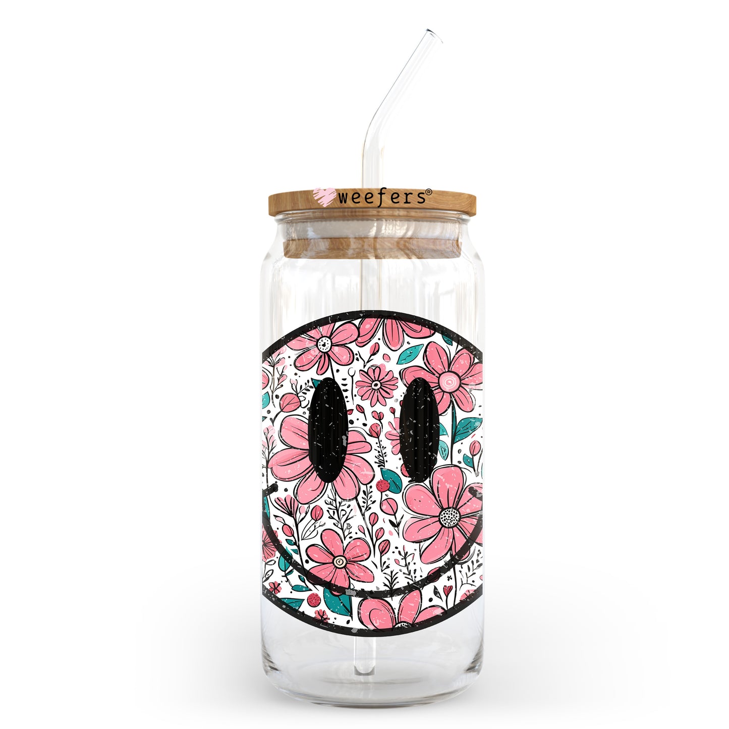 Pink Flower Happy Face 20oz Libbey Glass Can, 34oz Hip Sip, 40oz Tumbler, 24oz Cold Cup UV DTF or Sublimation Decal Transfer Weefers