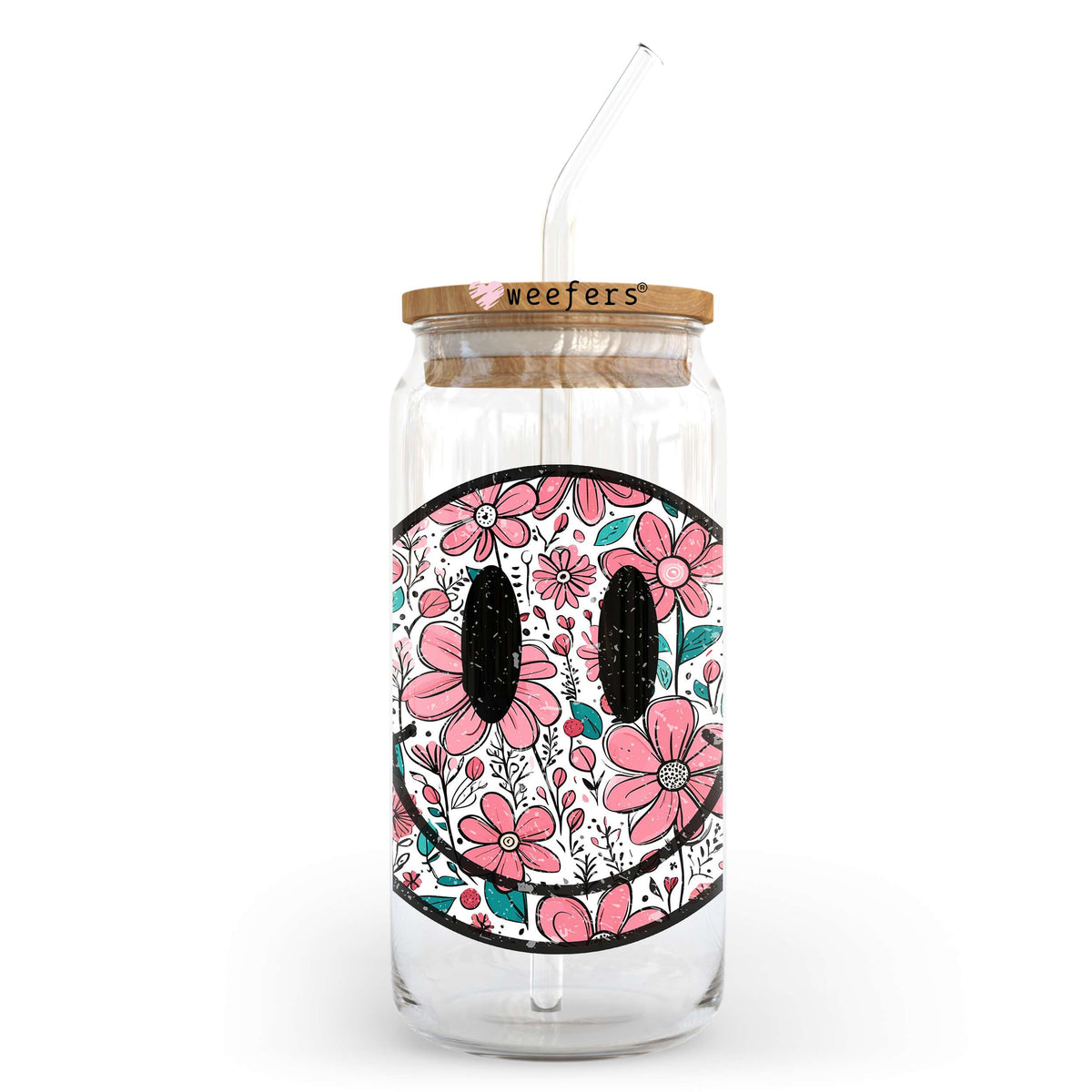 Pink Flower Happy Face 20oz Libbey Glass Can, 34oz Hip Sip, 40oz Tumbler, 24oz Cold Cup UV DTF or Sublimation Decal Transfer Weefers