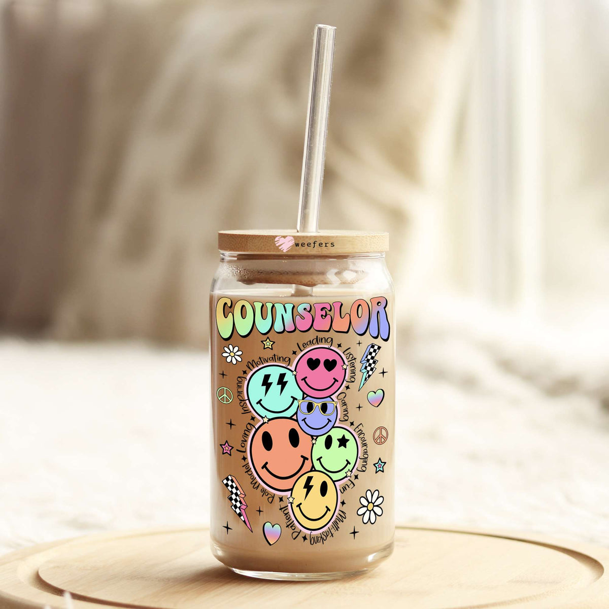 Counselor Happy Face Affirmations 16oz Libbey Glass Can UV DTF or Sublimation Wrap - Decal Transfer Weefers