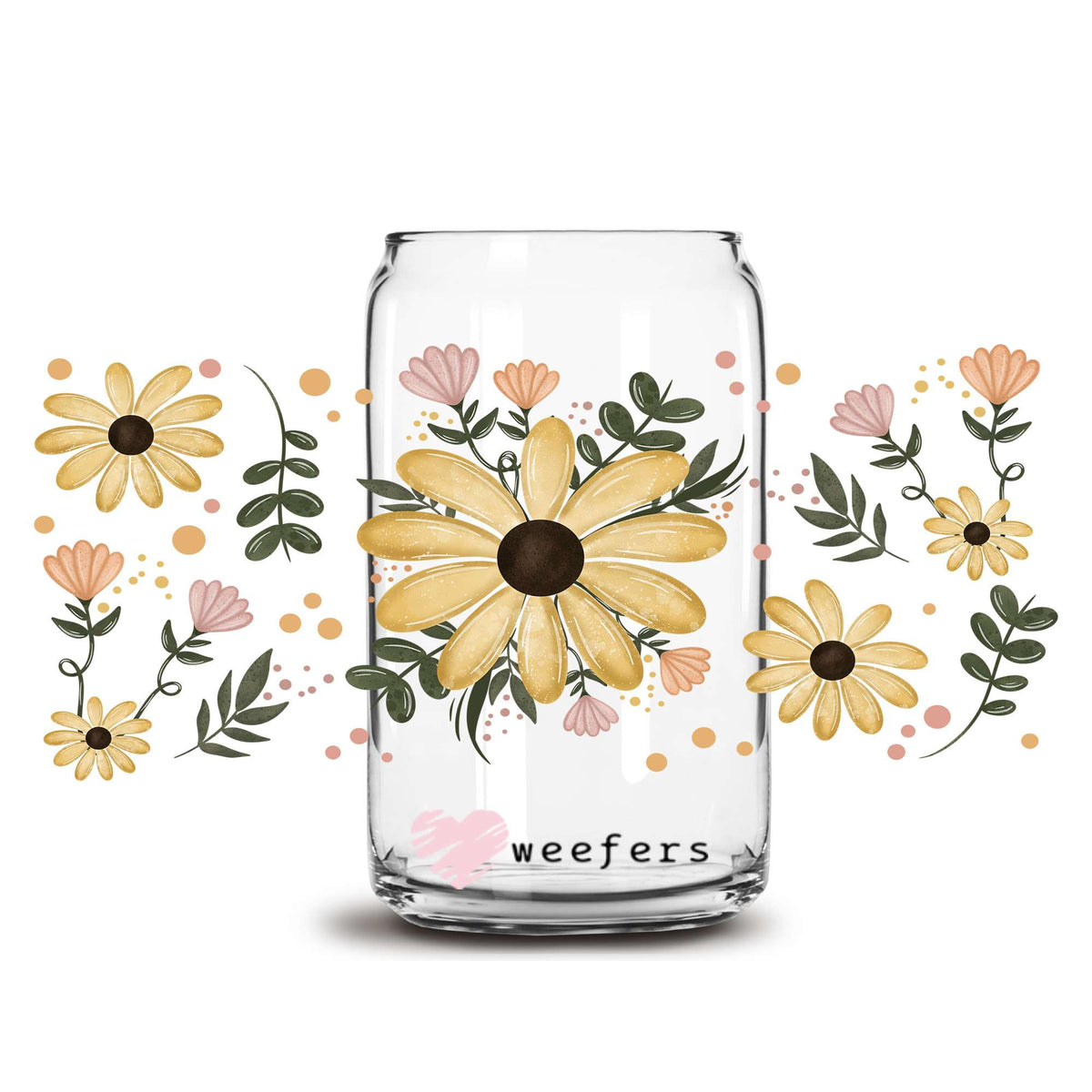 Yellow Florals 16oz Libbey Glass Can UV DTF or Sublimation Wrap Decal Transfer Weefers