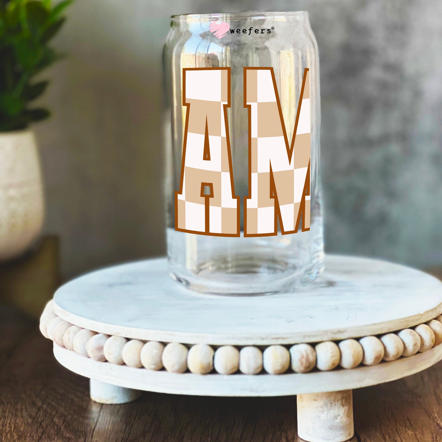 Mama Beige Checkered 16oz Libbey Glass Can UV DTF or Sublimation Decal - Transfer Weefers
