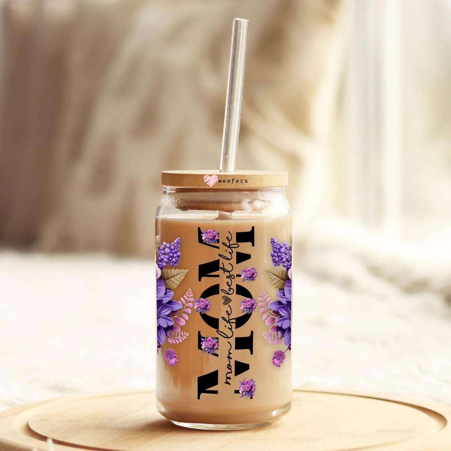 3D Mom Purple Floral 16oz Libbey Glass Can UV DTF or Sublimation Cup Wrap - Decal Transfer Weefers
